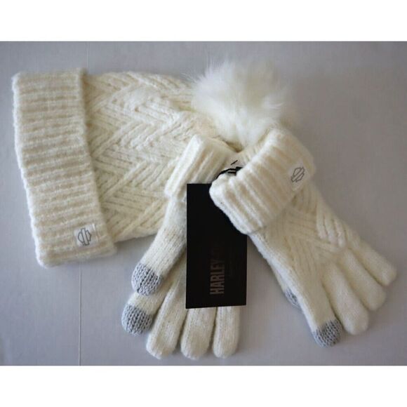 Harley-Davidson 97681-24VW Women's OS Off White Knit Empower Hat & Glove Set - Picture 1 of 8